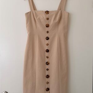 Linen Blend Button Front Midi Dress Beige Tortoise Shell Summer